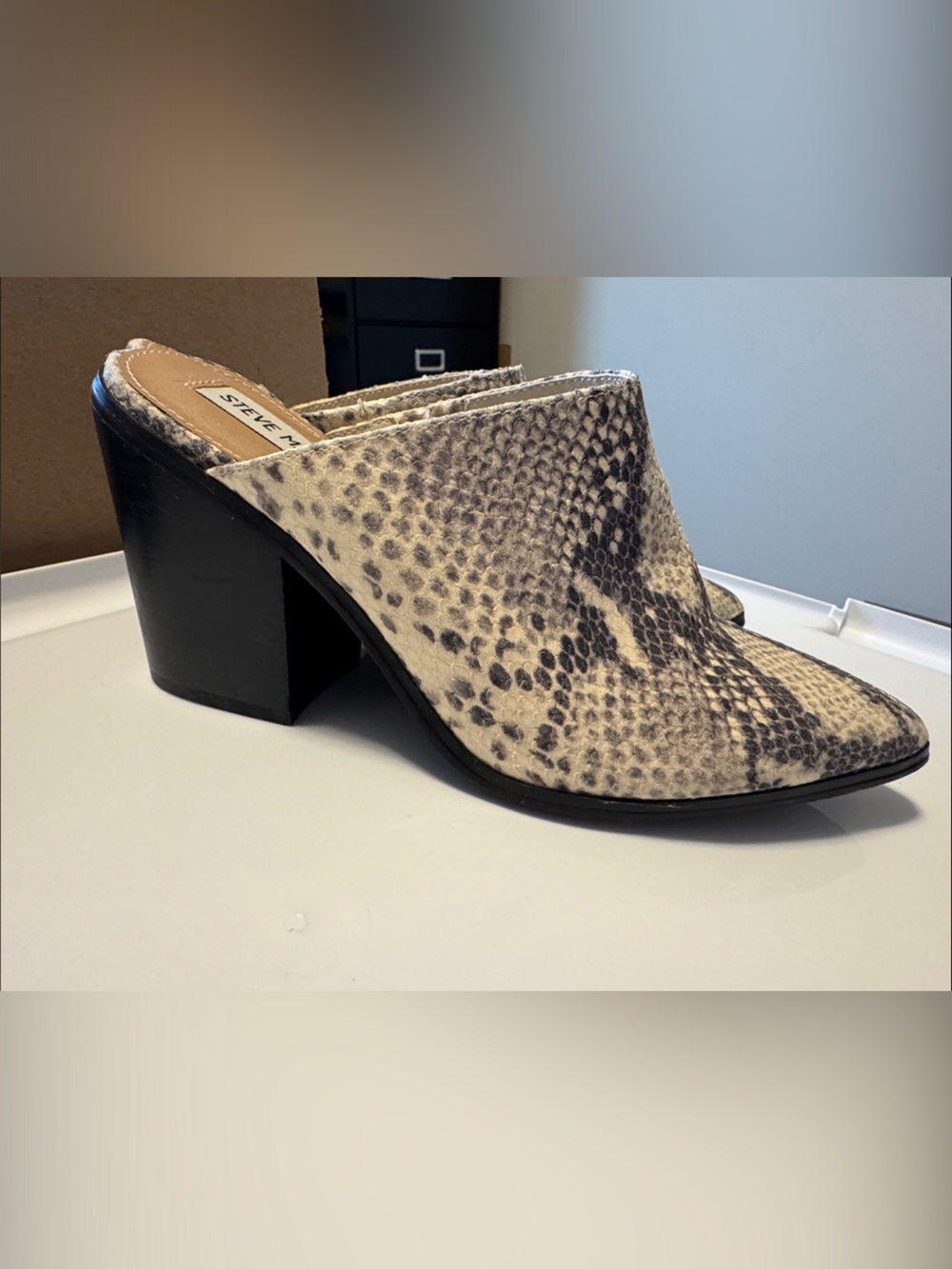 Steve Madden Black and Beige Snakeskin Slip-On Mules